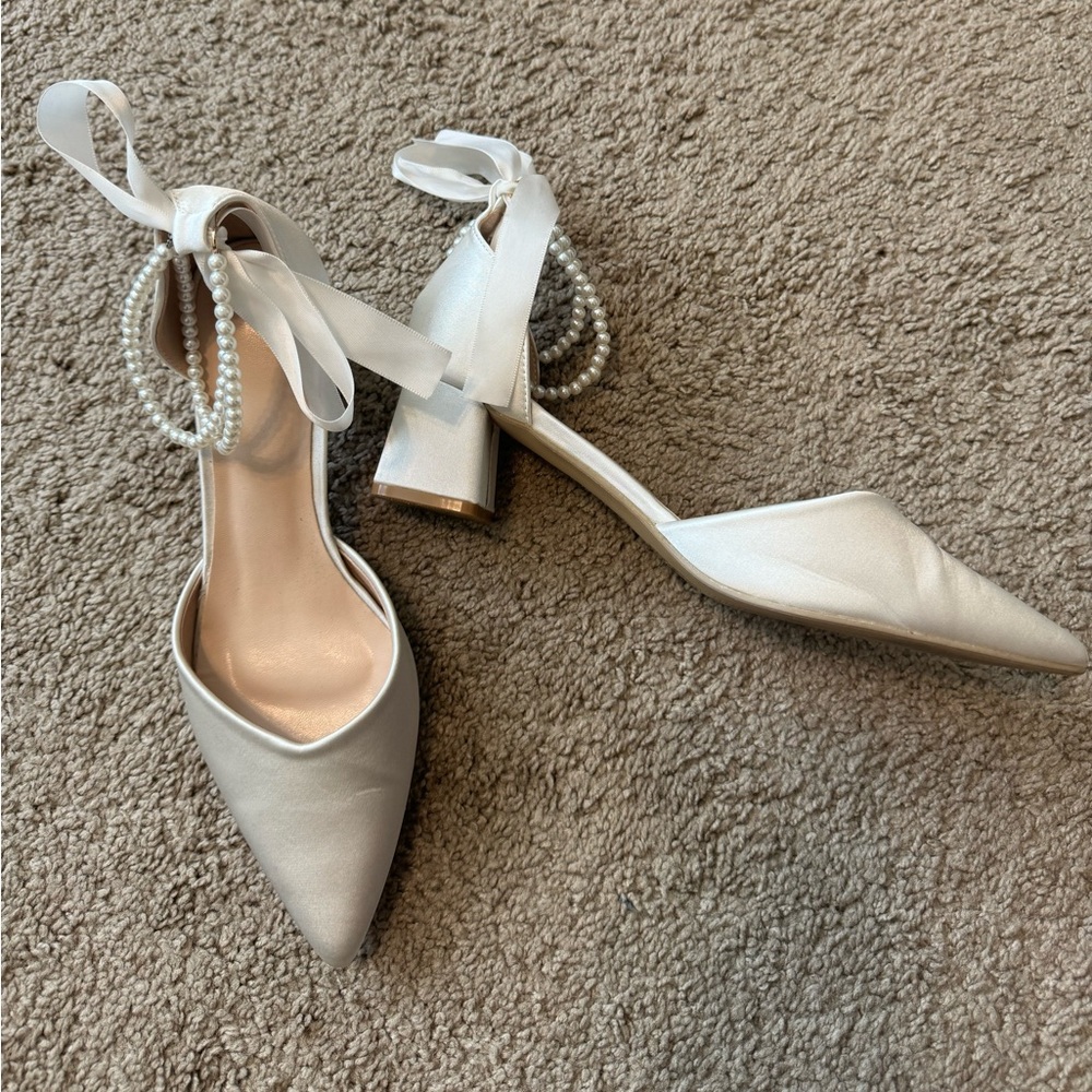 wedding heels-satin point toe with pearl ankle strap